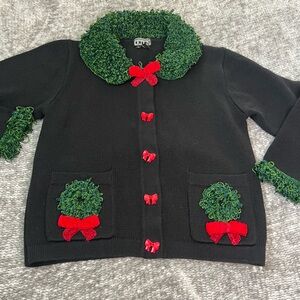Berek Vintage Black Green 3D Wreath Bow Christmas Cardigan Sweater Sz S 90s Y2k